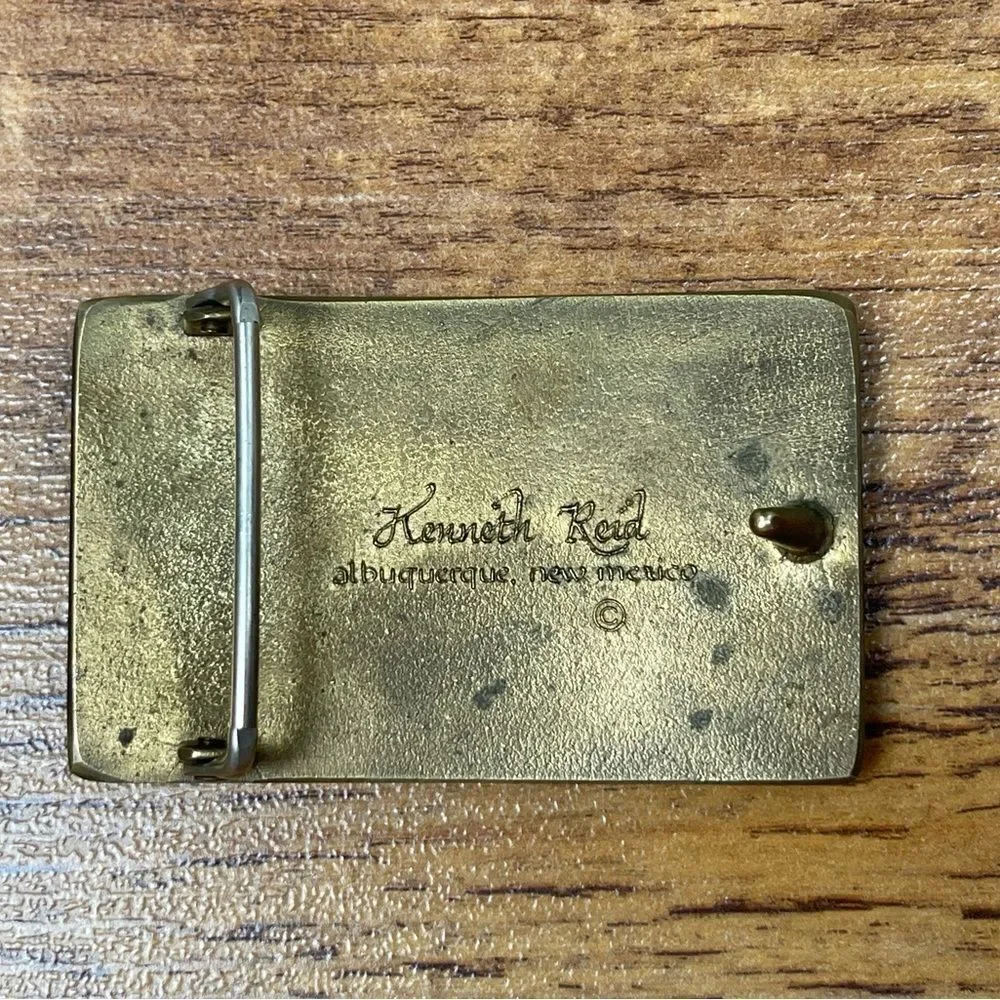 Vintage  Kenneth Reid Southwest Wood Brass Belt Buckle Bohemian Cowgirl Western